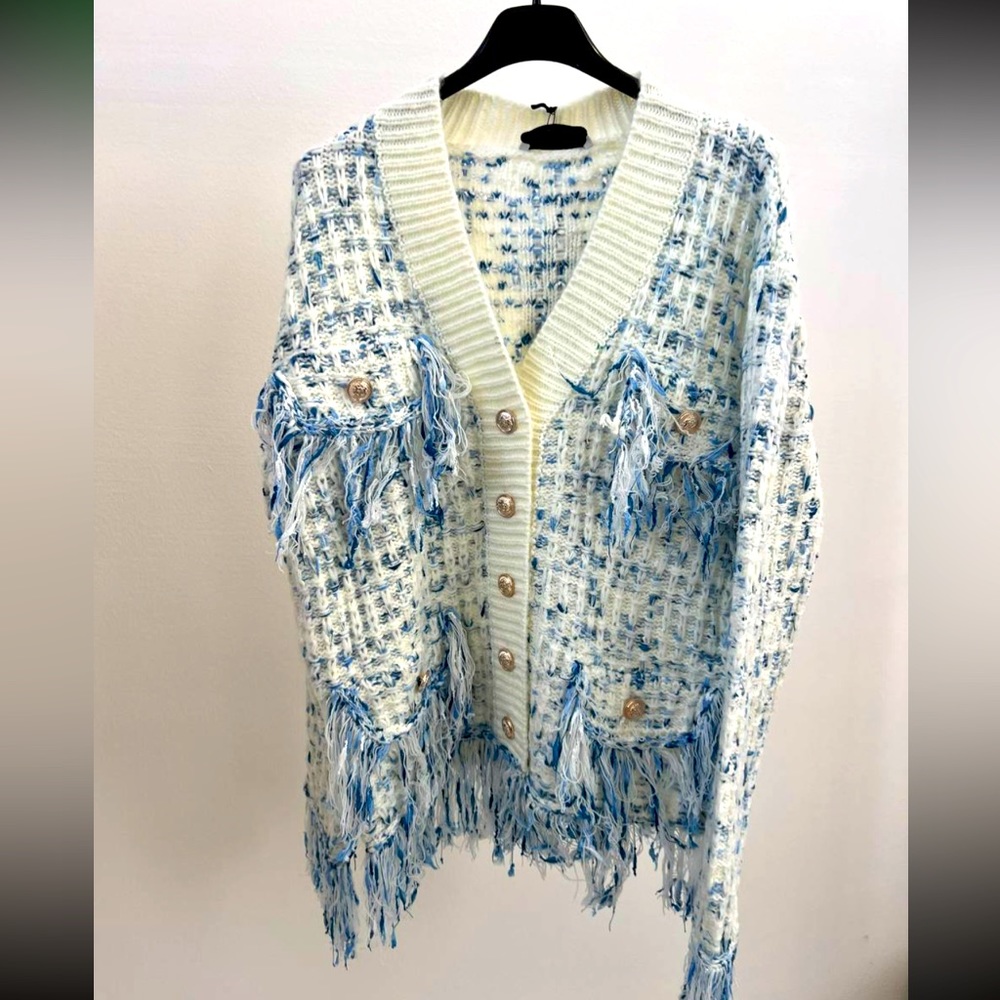 Light Blue fringe cardigan gold buttons New